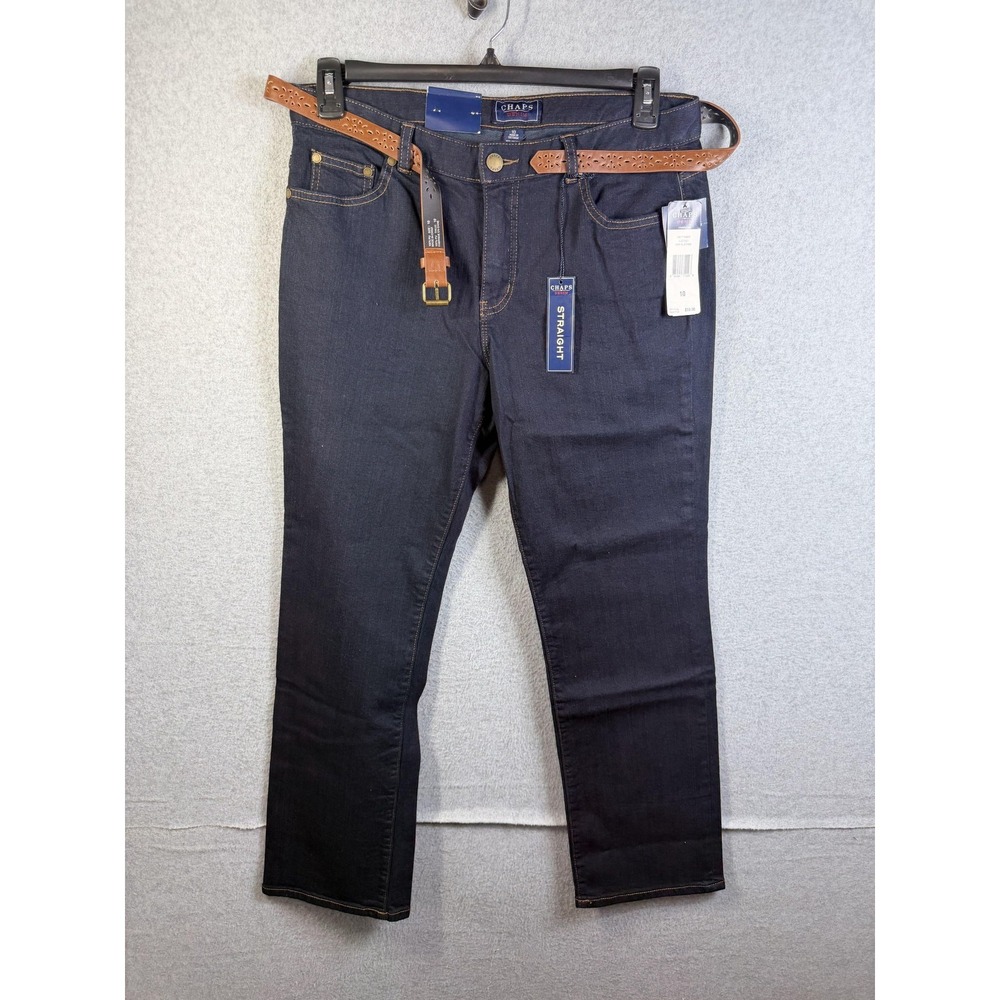 Chaps Jeans Womens 10‎ Dark Blue Mid Rise Straight Slimming Stretch Denim Belted